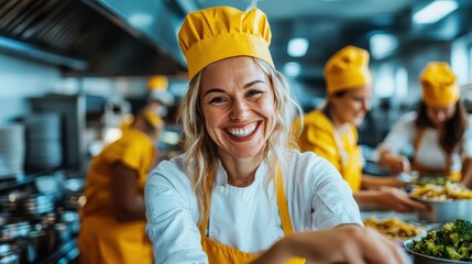A joyful chef in a yellow hat stands in a bustling kitchen environment, radiating happiness and enthusiasm while preparing delicious meals, showcasing culinary artistry and teamwork.
