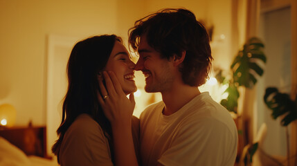 Joyful young couple in a modern apartment, woman touching her partnerâs face tenderly, both smiling with intimacy and happiness multicultural couple, tender moment, home intimacy,