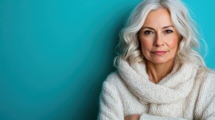 Obraz premium An elegant older woman with beautiful silver hair looks directly at the camera with a calm expression, showcasing her soft style while wrapped in a cozy white sweater against a blue background.