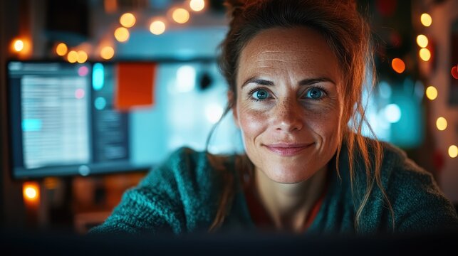 A warm image of a smiling woman in a cozy workspace adorned with soft lights, creating an inviting atmosphere filled with creativity and positivity, inviting viewers into her world.