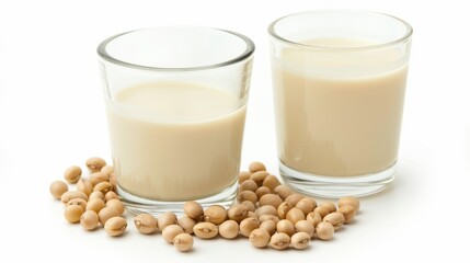 Soy milk with soybeans isolated on white background.
