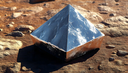 Reflective pyramid rests on a reddish, rocky surface, casting a shadow. Seemingly alien artifact on harsh landscape