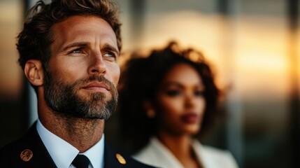 A stylish couple in business attire gazes into the distance at sunset, symbolizing ambition and partnership in a professional setting, against a dramatic backdrop.