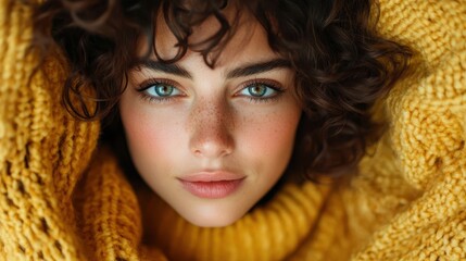 This intimate close-up captures a young woman's freckled face framed by a cozy yellow sweater, evoking feelings of warmth, beauty, and relaxed charm in a soft-focus setting.