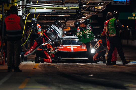Toyota GR010 Hybrid at the pitstop at the night during Le Mans 24 race