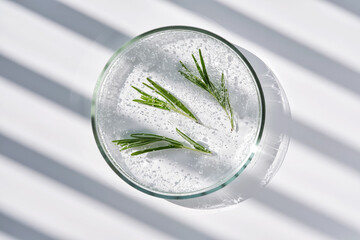The texture of whey and rosemary in a petri dish on a background with streaks of shadows.