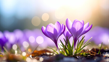 Vibrant Purple Crocus Flowers Blooming Under Soft Morning Light