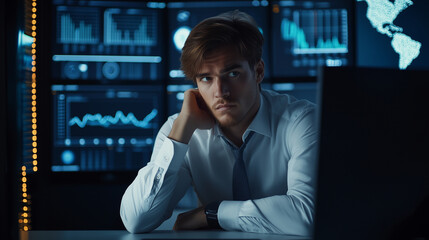 Young confident office worker sitting at computer and analyzing data, thoughtful expression businessman thinking, data analysis, tech-savvy professional, office lifestyle, producti