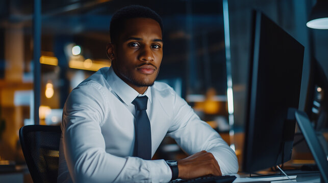 Young confident office worker sitting at computer and analyzing data, thoughtful expression businessman thinking, data analysis, tech-savvy professional, office lifestyle, producti