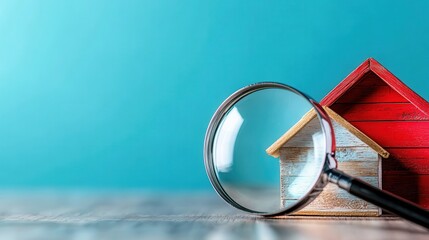 A magnifying glass focuses on a small toy house, representing attention to detail in real estate or home design, symbolizing curiosity and childhood imagination in a playful setting.