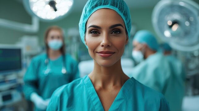 A confident female surgeon in scrubs and a cap stands at the forefront of a bustling surgical scene, embodying professionalism and dedication in the medical field.