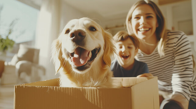 Excited parents and their son playing with their dog while unpacking after moving into a modern family house moving in day, family togetherness, cardboard boxes, dog in box, kid an - Powered by Adobe
