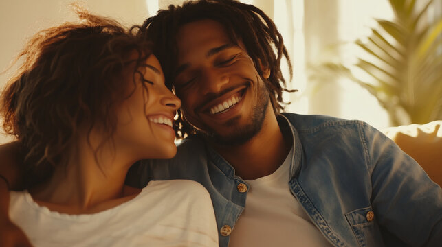 Interracial couple smiling and enjoying time together in a bright home interior, wearing casual clothes, expressing love and connection diverse relationship, happy couple, interrac