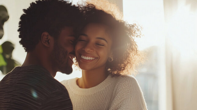 Interracial couple smiling and enjoying time together in a bright home interior, wearing casual clothes, expressing love and connection diverse relationship, happy couple, interrac