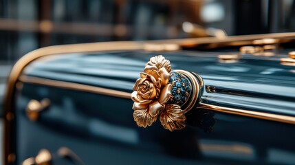 A close-up view of a beautifully crafted car handle featuring an ornate floral design, showcasing luxury and the artistry of automotive craftsmanship in vintage cars.