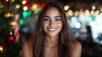 Fototapeta premium A charming young woman with long hair smiles radiantly, captured in a lively atmosphere adorned with colorful lights, expressing warmth and joy during celebration.