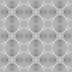 Elegant seamless pattern with stylized oriental or ethnic motifs in various tones of gray. Features classic traditional motifs, perfect for sophisticated backgrounds, wallpaper, textiles, and fabric.