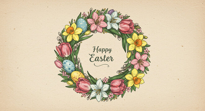 Colorful floral Easter wreath with eggs and "Happy Easter" message