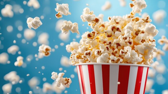 An exciting moment captured as fluffy popcorn bursts from a classic red and white striped container, evoking feelings of fun and enjoyment during movie time.
