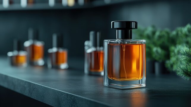 A collection of elegant perfume bottles is artfully arranged on a chic black shelf, emanating sophistication and allure typical of high-end fragrance collections.