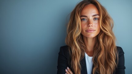 A captivating image of a woman with wavy hair and an assertive expression, set against a blue background that emphasizes her confidence and beauty.