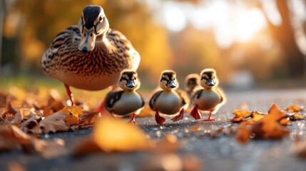 A beautiful scene of a mother duck leading her ducklings down a leaf-strewn pathway, surrounded by autumn colors and soft sunlight, showcasing nature's tranquility and family bonds.