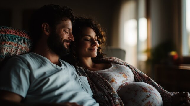 An affectionate couple, with a man and a pregnant woman snuggling closely on a couch, embodying love, comfort, and anticipation for their future family together in a cozy setting. - Powered by Adobe