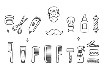 Vector illustration with various barber tools and accessories including scissors, clippers and combs. Doodle style. perfect for design and styling concepts.