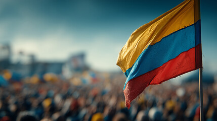 Waving Colombian Flag in Large Festive Crowd During National Celebration of Colombia Independence Day