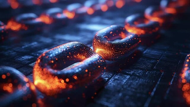 Glowing metallic chain links on dark surface