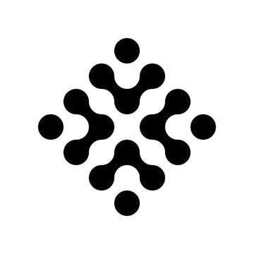 Abstract black metaball cross or star shape icon isolated on transparent background with copy space. Molecular Network Symbol in Black and White for Science, Innovation, Biotech and Digital Branding
