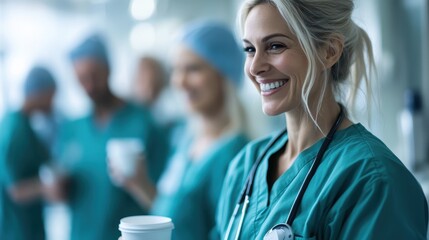 A joyful female nurse in scrubs smiling as she engages with colleagues in a healthcare setting, exemplifying dedication, professionalism, and compassion in her role.
