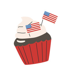 Festive fourth of july cupcake decorated with american flags.