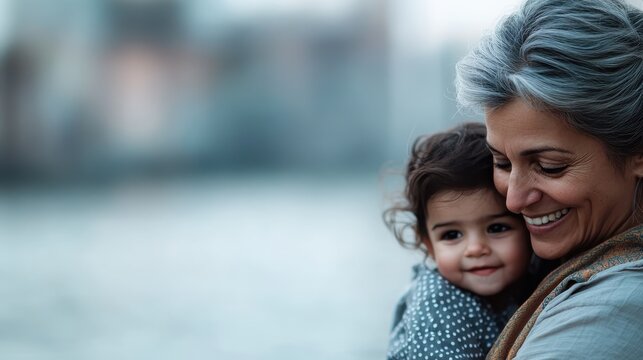 A warm moment between a grandmother and her grandchild, highlighting the joy of familial love and the bond they share against a picturesque background by the water.