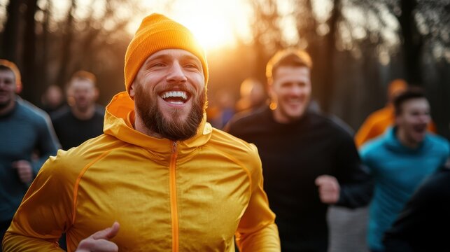 A joyful man dressed in vibrant athletic gear running through a beautiful natural landscape at sunrise, embodying vitality, fitness, and a zest for life.