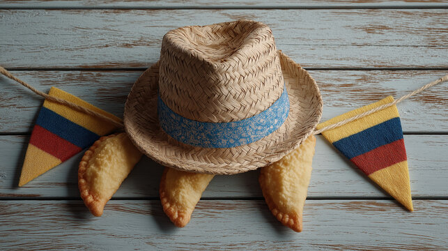 Traditional Colombian Independence Day Celebration with Empanadas, Straw Hat, and Colombian Flag Banners on Rustic Wooden Background