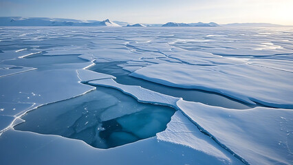 Frozen Arctic Tundra with Cracked Ice and Snowfall