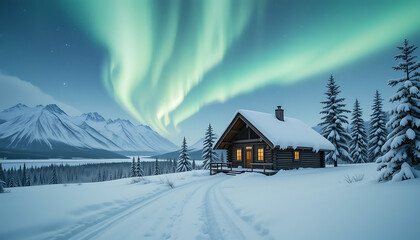 Scandinavian Snow Landscape with Cabin and Northern Lights