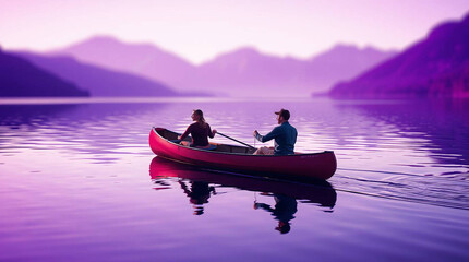 Couple canoeing on a serene lake at sunset