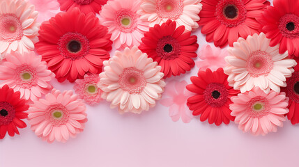 A top down view of a collection of red and pink gerbera daisies on a light pink background space