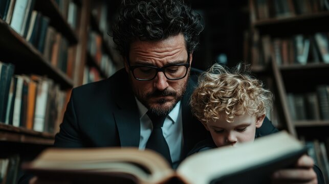 A touching moment captures a father reading to his son in a cozy library, highlighting the bond between them and the joy of shared storytelling in a classic setting.