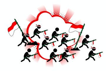 Illustration of black stick figure soldiers wearing red and white headbands, symbolizing Indonesian patriotism. Vector design. EPS 10.