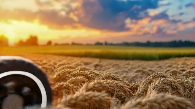 Create an agricultural robot using mechatronics for crop monitoring and harvesting, A remote-control car driving through a wheat field at sunset.