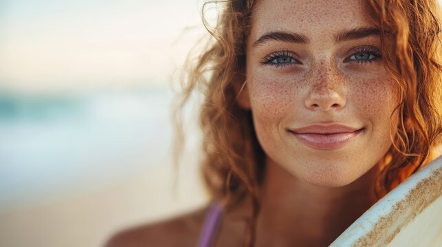 A joyful woman with freckled skin smiles warmly while holding a surfboard, embodying the spirit of surfing culture and youthful enthusiasm on a beautiful beach day. - Powered by Adobe