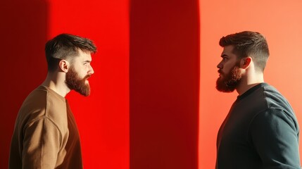 Two beard men positioned face to face in contrasting light, representing a deep connection, duality of identities, and a visualization of self-reflection and relationship.