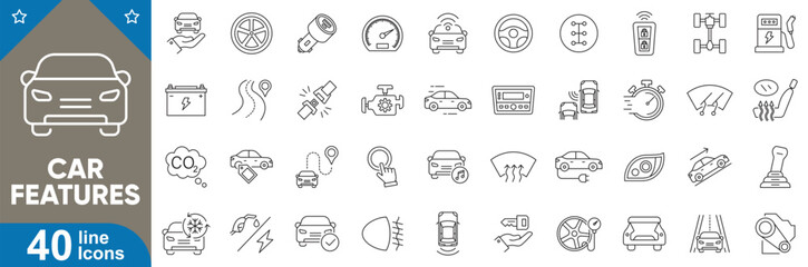 Car features line editable icons set. vector illustration in modern thin stroke style showcasing automotive components, smart technology, safety features, dashboard symbols, and more.