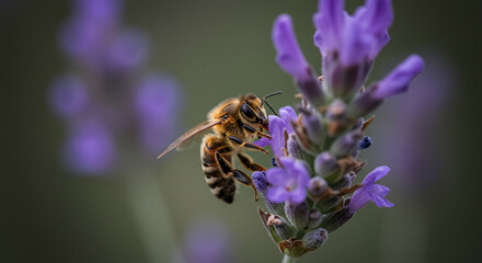 A detailed macro photograph of a fuzzy honeybee collecting nectar from a vibrant purple lavender flower with a soft focus natural background