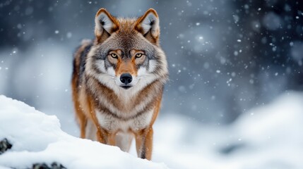 A stunning image of a lone wolf standing proud in a snowy landscape, capturing its beauty and strength, evoking a sense of wilderness and the wild spirit of nature.