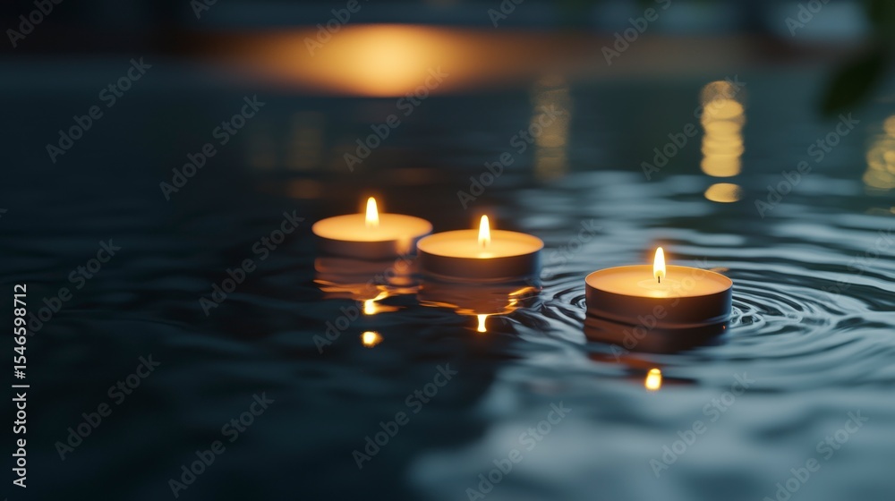 Poster three candles float on calm water at night, creating a serene and peaceful atmosphere.