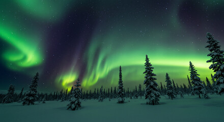 Naklejka premium A digitally illustrated winter landscape with a vibrant green aurora borealis lighting up the night sky above a snowy forest